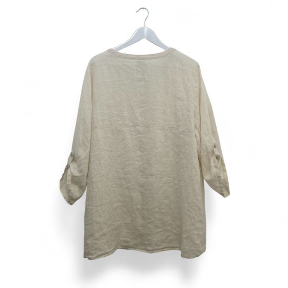 JM Collection Natural Linen Tunic Top 18W Button Front Roll Tab Sleeves Beige - Picture 3 of 13